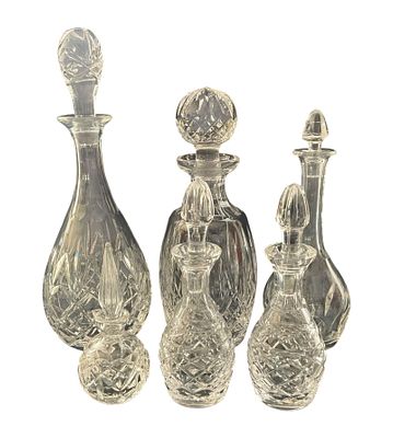 6 Crystal Cruet Bottles Incl. Waterford and Ceska. Six crystal cruets with stoppers including 