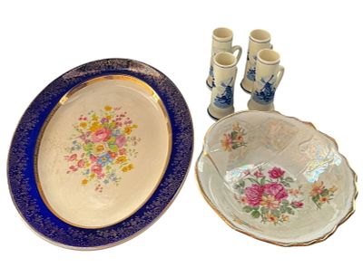 6 Pieces Tableware Delft & Gilt Plates. Six pieces of tableware including four small Delft shot 