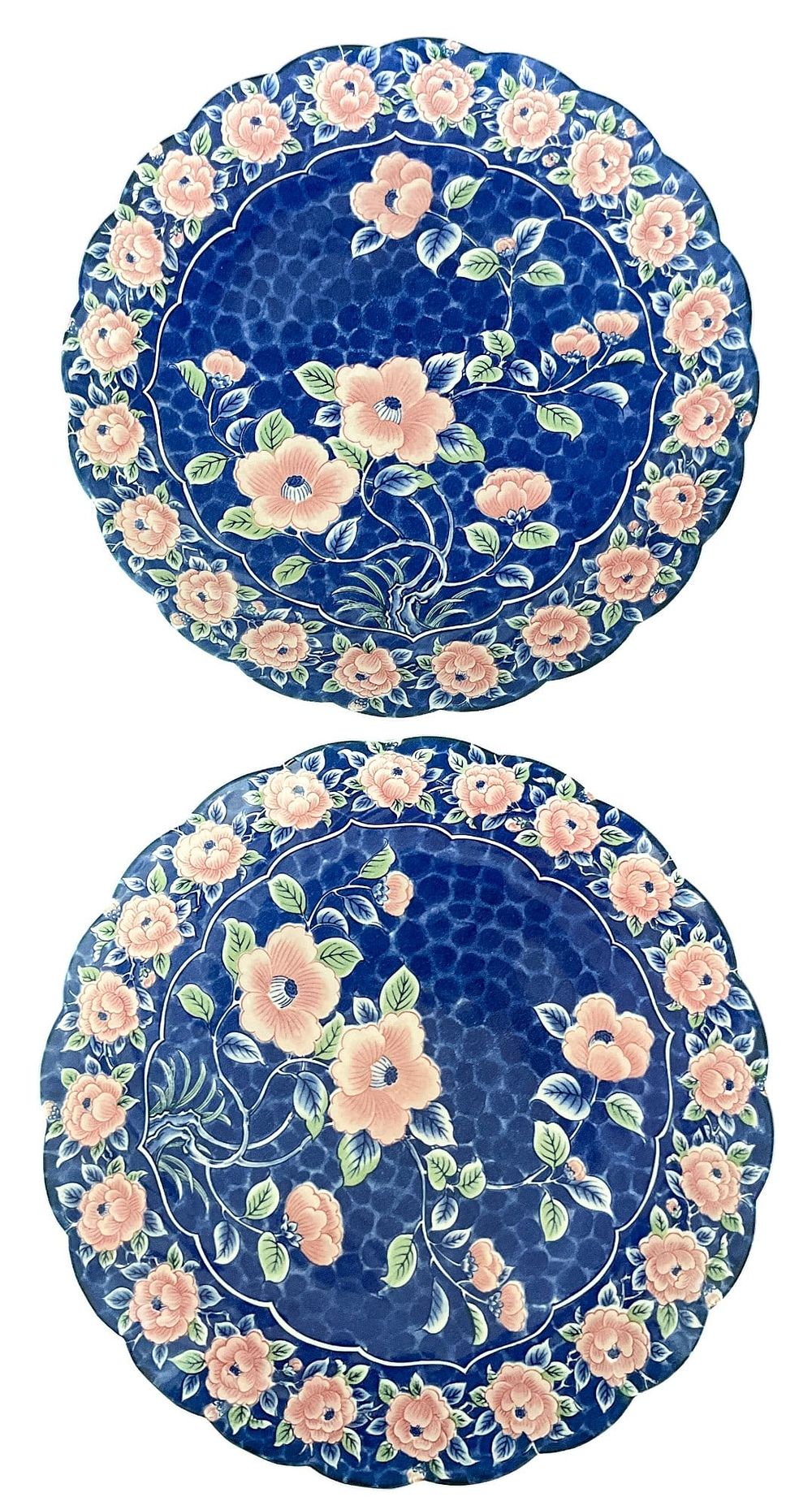 2 Blue & Pink Floral Porcelain Charger Plates. Two Toyo Japan blue and pink floral porcelain 
