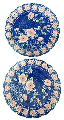 2 Blue & Pink Floral Porcelain Charger Plates. Two Toyo Japan blue and pink floral porcelain 