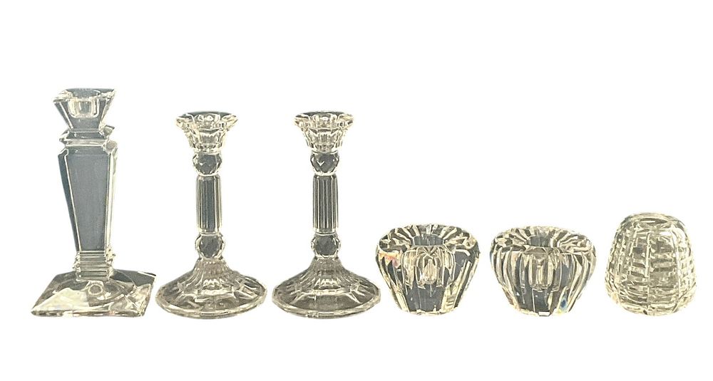 5 Crystal Candle Holders Incl Waterford. Five crystal candle holders including one pair of 