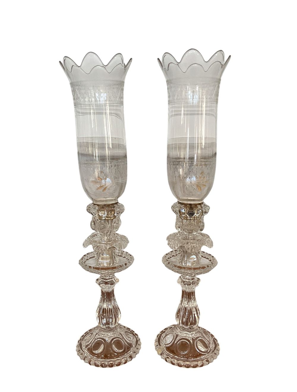 Pair of Baccarat Etched Hurricane Candlesticks. Pair of Baccarat etched fleur-de-lis hurricane 
