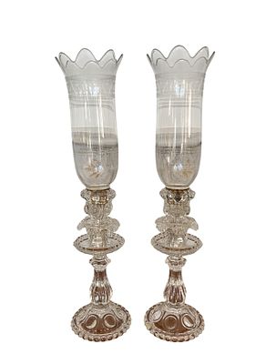 Pair of Baccarat Etched Hurricane Candlesticks. Pair of Baccarat etched fleur-de-lis hurricane 