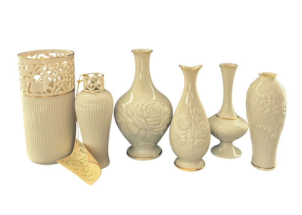 6 Lenox Vases Glenwood, Gatsby, Savoy Collections. Six porcelain Lenox vases, collections left 
