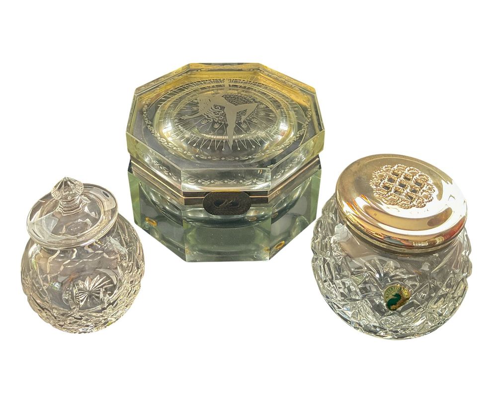 Lot 184: Erte Glass Lidded Box and Waterford Crystal Jars