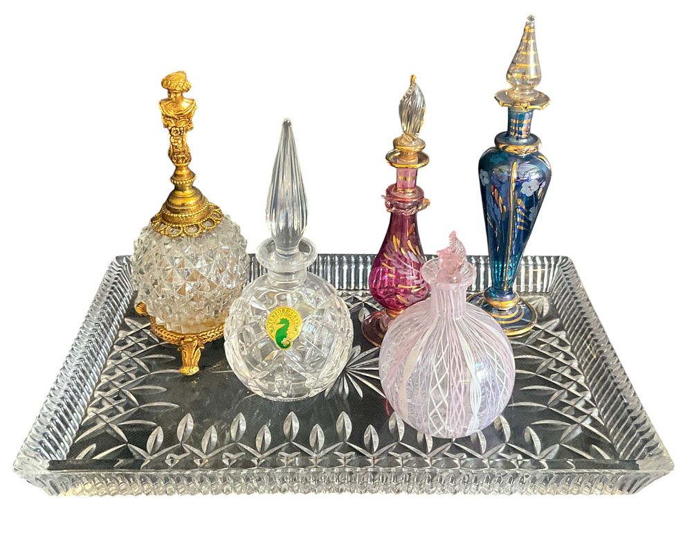 Lot 190: 5 Vintage Perfume Bottles on Waterford Tray