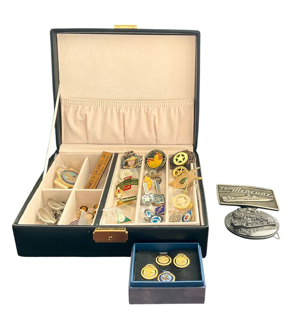 Lot 192: Leather Box of Pins & Vintage Belt Buckles