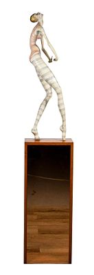 Wood Sculpture of a Dancer. Wood sculpture of a dancer. On a mirrored pedestal base. Unsigned. 