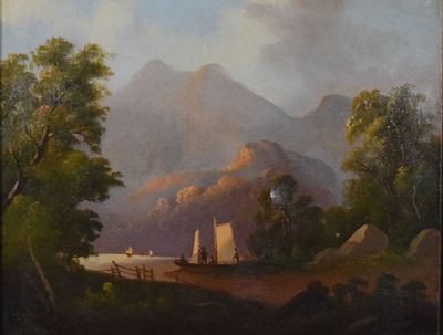 Oil on Canvas Boats in Lake Landscape. Oil on canvas, boats in lake landscape. Unsigned. 18 5/8" 