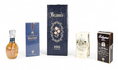 5 Vintage Whisky Bottles. 5 vintage bottles, including Johnnie Walker Blue Label in unopened 