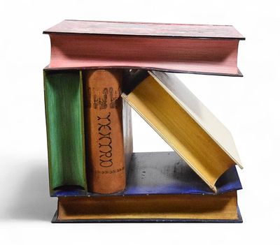 Stacked Books Form End Table. Stacked books end table with lid. Made in Italy 1960s. Trompe 