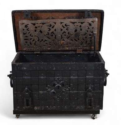17th Century German Strong Box. 17th century German strong box. Strap iron over iron panels. 