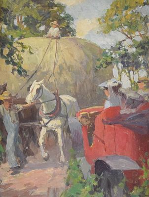 Oil on Board Hay Cart. Oil on board, hay cart. Unframed, matted. "[illegible] Boston" written in 