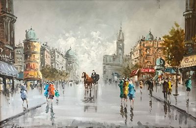 Rise Oil on Canvas Paris Street Scene. Oil on canvas, impressionist style Paris street scene. 