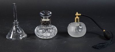 3 Crystal Perfumes. Group of 3 crystal perfumes. Lalique style frosted glass atomizer, unsigned 