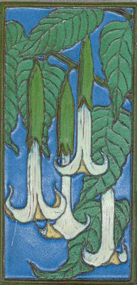 Jonathan White Pottery Tile Brugmansia. Jonathan White arts and crafts style art pottery tile 