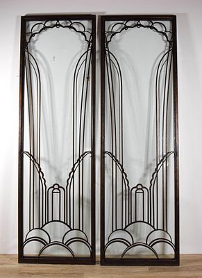 Pair of Art Deco Style Glass & Metal Door Panels. Pair of art deco style glass and patinated 