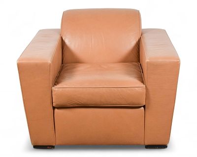 Art Deco Style Club Chair. Art Deco style club chair. Tan leather. Some rubs and bruising 