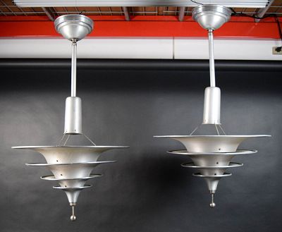 Pair of Leroy Doane Style Pagoda Pendant Lamps. Pair of Leroy Doane style 4 tier aluminum pagoda 