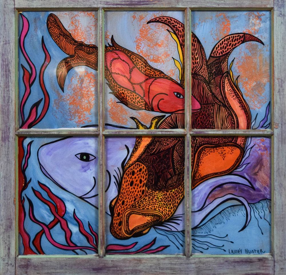 Lot 260: Lainey Hunter Mixed Media on Glass Window Fish