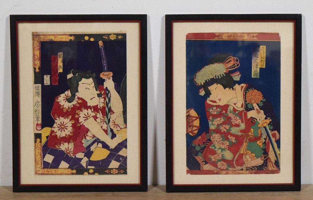 Lot 269: Pair Toyohara Kunichika Block Prints Kabuki Actors