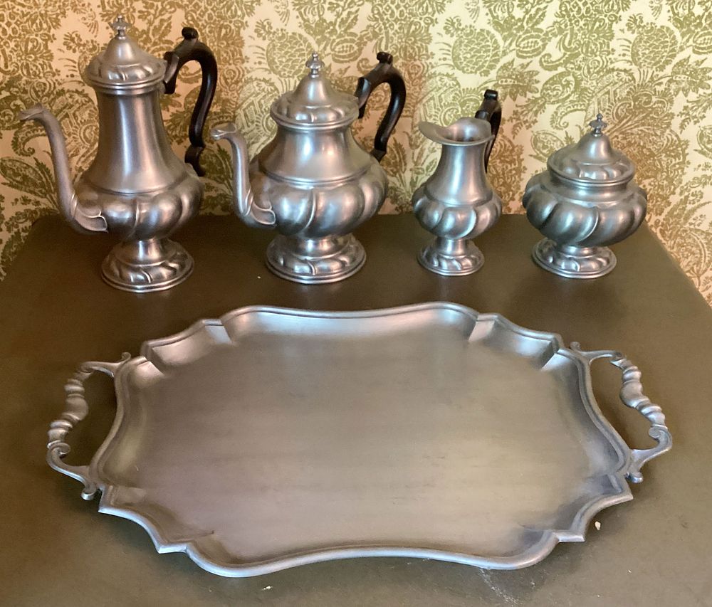Lot 284: 5 Peltro Pewter Set Coffee Tea Pot, Sugar Tray