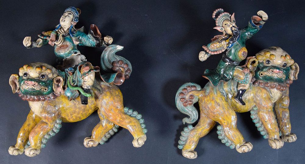 Lot 300: Pair of Chinese Terracotta Roof Tiles Foo Dogs