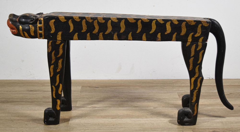Lot 308: Balinese Style Folk Art Cat Bench / Stand