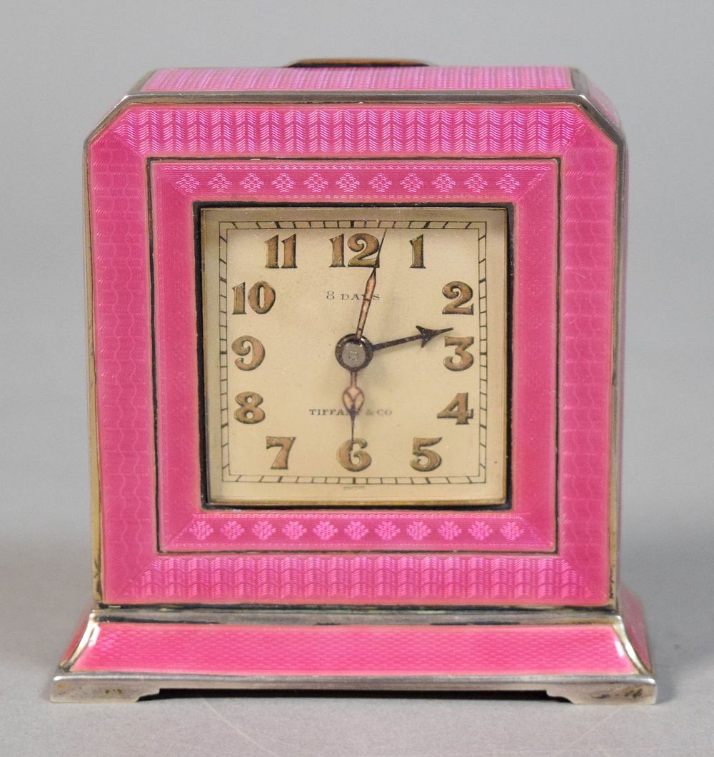 Lot 324: Tiffany & Co. Guilloche Enamel & Silver Clock