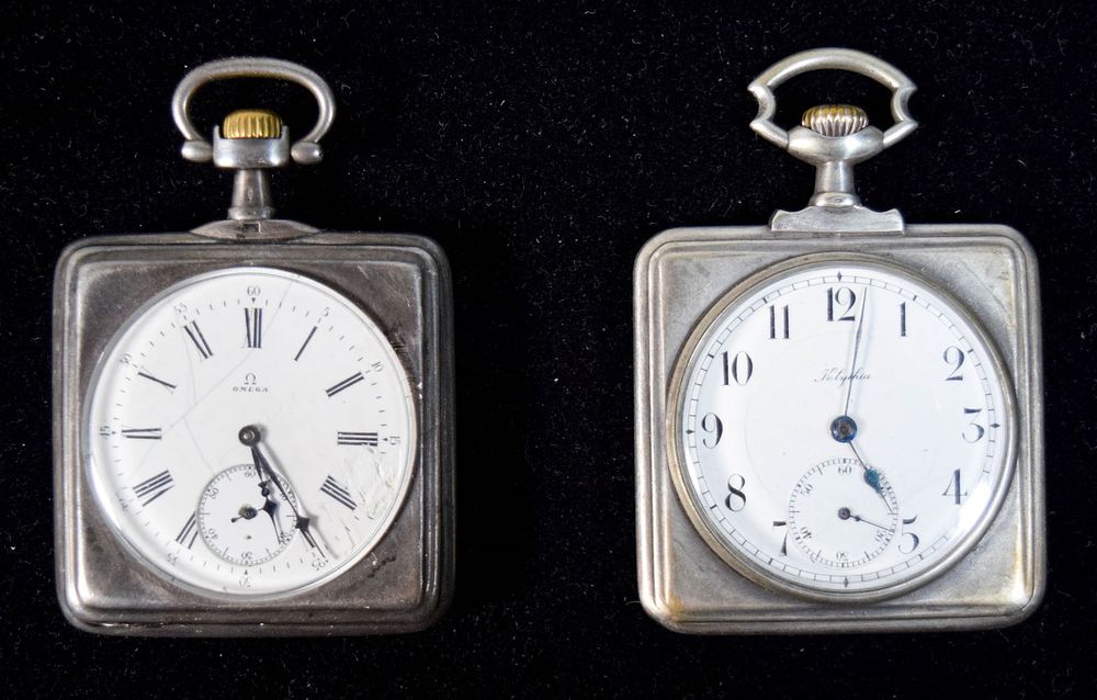 Lot 348: 2 Silver Pocket Watches Omega & Klythia Square