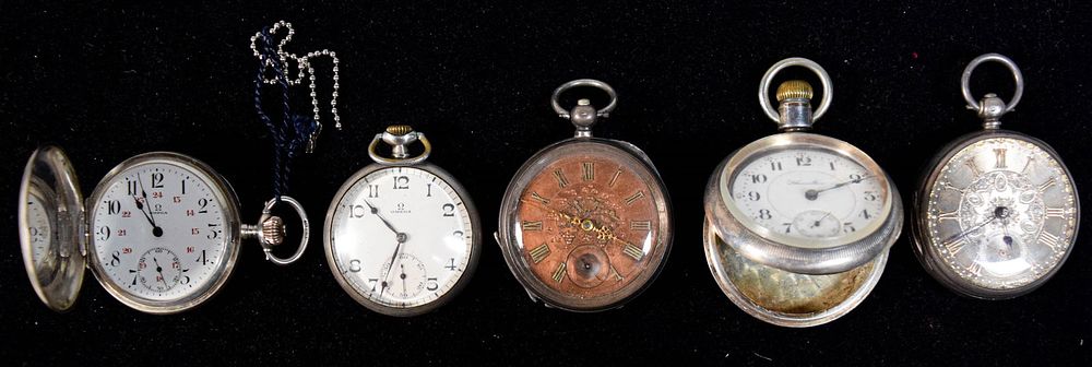 Lot 350: 5 Silver Pocket Watches Hamilton, Omega