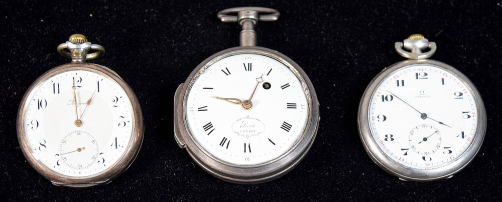 Lot 351: 3 Silver Pocket Watches Elicot, Omega, Longines