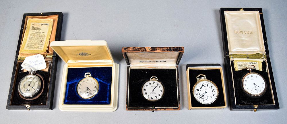 Lot 362: 5 Pocket Watches Hamilton & Howard GF, RGP