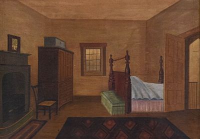 American School Oil on Canvas Bedroom Interior. Oil on panel, bedroom interior. Probably 