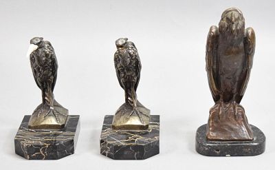 3 Bird Sculptures, Bronze, Bookends. 3 bird sculptures. Pair of patinated metal heron bookends 