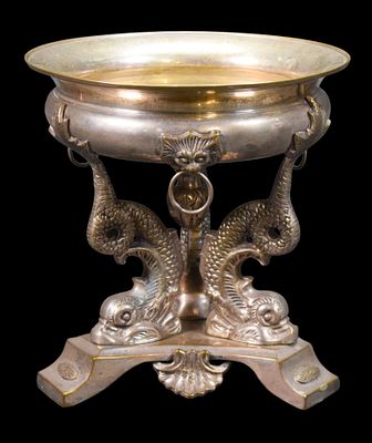 Patinated Brass Figural Dolphin Tazza. Patinated brass figural tazza, with 3 dolphins supporting 