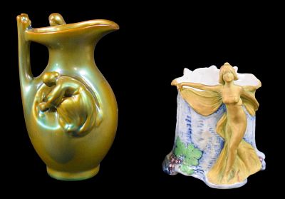 2 Art Nouveau Vases Zsolnay & Wahliss. 2 art nouveau porcelain vases. Zsolnay iridescent vase, 6 