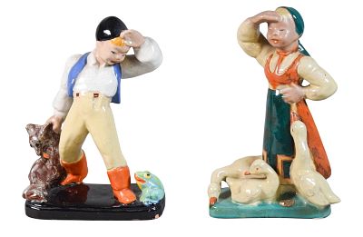 2 Komlos Pottery Figures. 2 Komlos Hungarian pottery figures. Woman with geese, 11 3/8"H; boy 