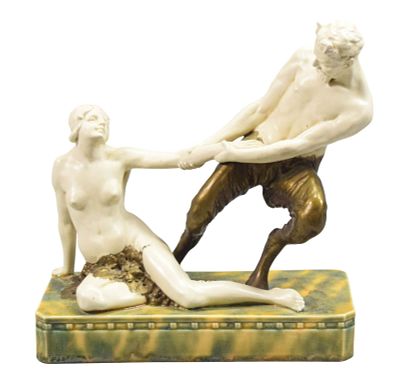 Porcelain Sculpture Satyr & Nude Woman. Glazed porcelain and ceramic sculpture of a satyr and 