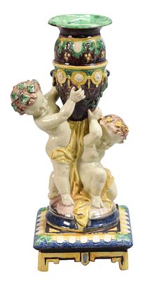 Thomas Sergent Figural Majolica Candlestick. Thomas Sergent figural majolica pottery candlestick 