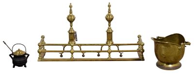 Brass & Wrought Iron Fireplace Set. Brass and wrought iron fireplace set including low fender 