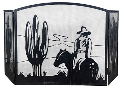 Western Cowboy Saguaro Cactus Fireplace Screen. A Western-themed three-panel folding fireplace 
