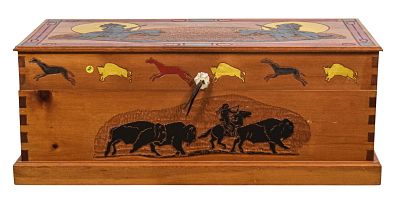 Pine Blanket Chest with Native American Motif. Pine blanket chest decorated with hand-carved 