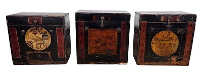 3 Late 19th Century Chinese Lacquered Storage Box. A trio of Chinese lacquered wooden storage 
