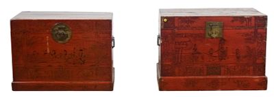 Pair of Chinese Red Lacquer Trunks. Pair of Chinese red lacquer trunks. Both with life scenes. 