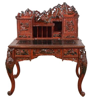 Japanese Carved Red Lacquer Desk. Japanese heavily carved Kamakura-Bori style red lacquer desk. 