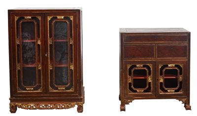 2 Chinese Cabinets. 2 Chinese cabinets. Smaller with 3 drawers above 2 doors, figural carved foo 