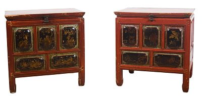 Pair of Chinese Lift-Top Chests / End Tables. Pair of Chinese lift top end tables or chests. Red 