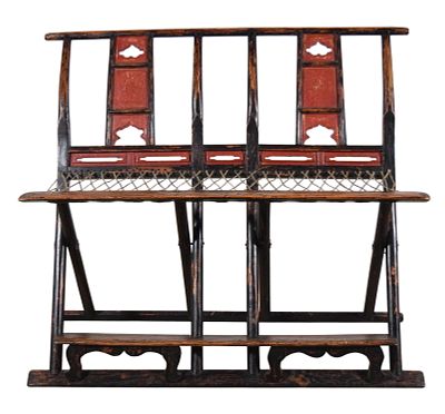 Chinese Folding Two Seat Bench. Folding two seat Chinese bench. Painted hardwood, cord seat. 37 