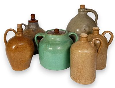 6 Glazed Stoneware Crocks & Jugs. Six glazed stoneware crocks and jugs, two marked DeVica 